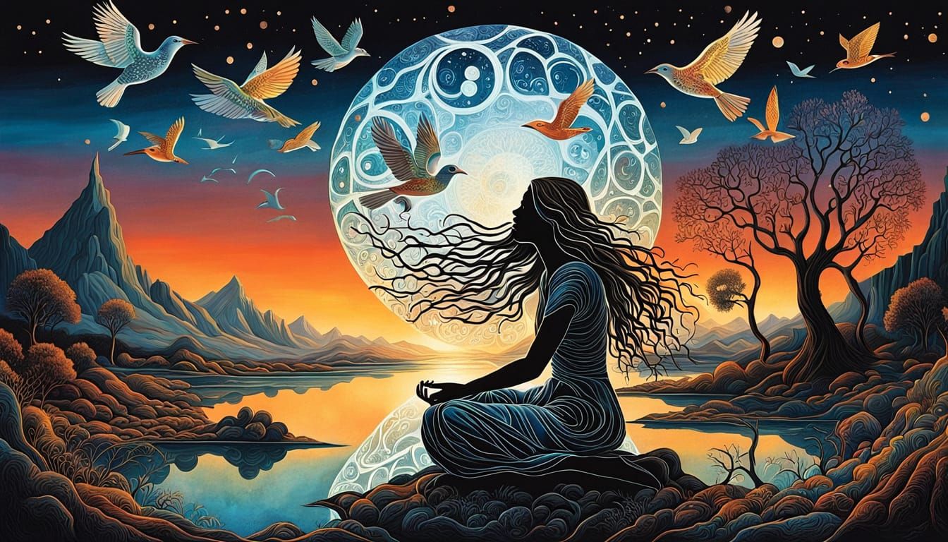 Surreal Landscape with Cosmic Goddess and Bio Art Elements