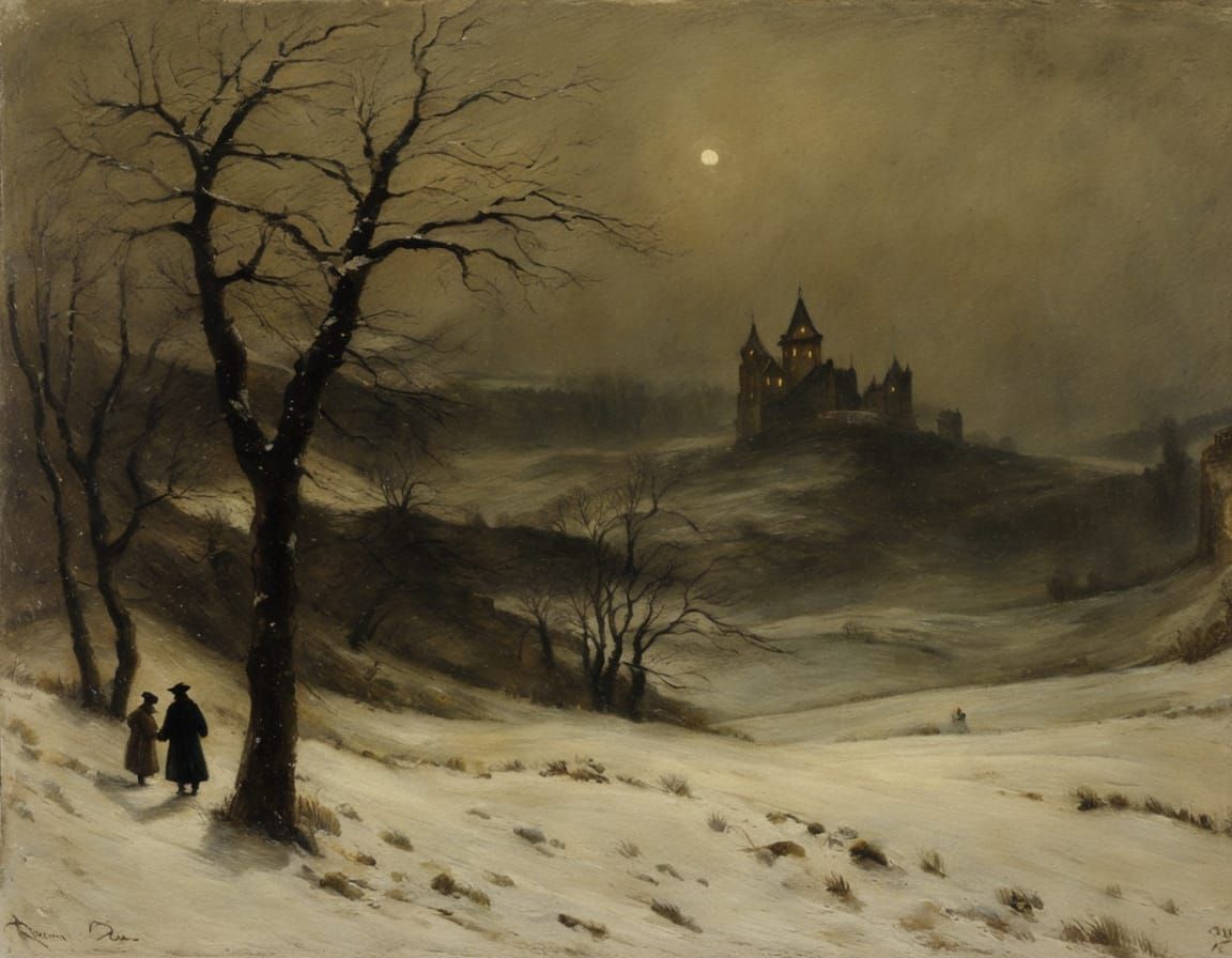 Winter Kingdom Castle at Night in a Pictorial Style