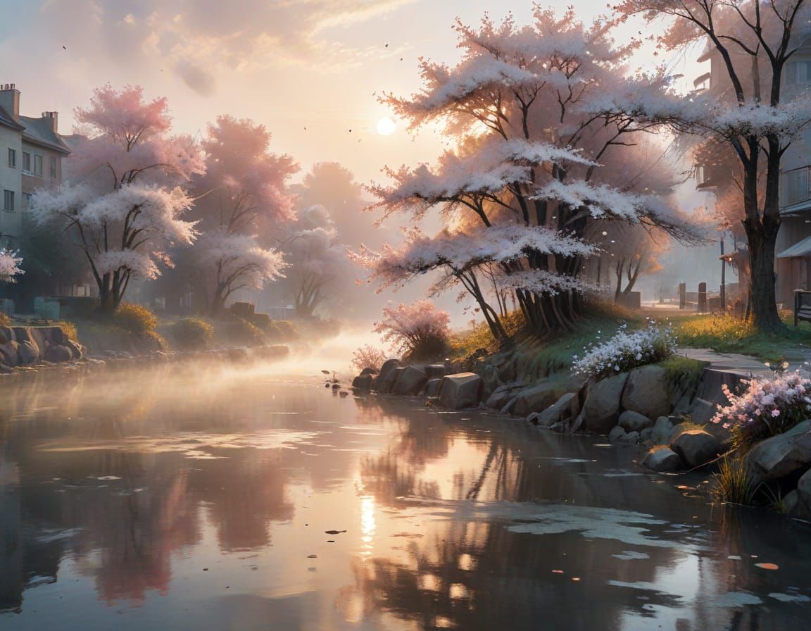 Sakura Riverfront Sunrise in Soft Romantic Glow