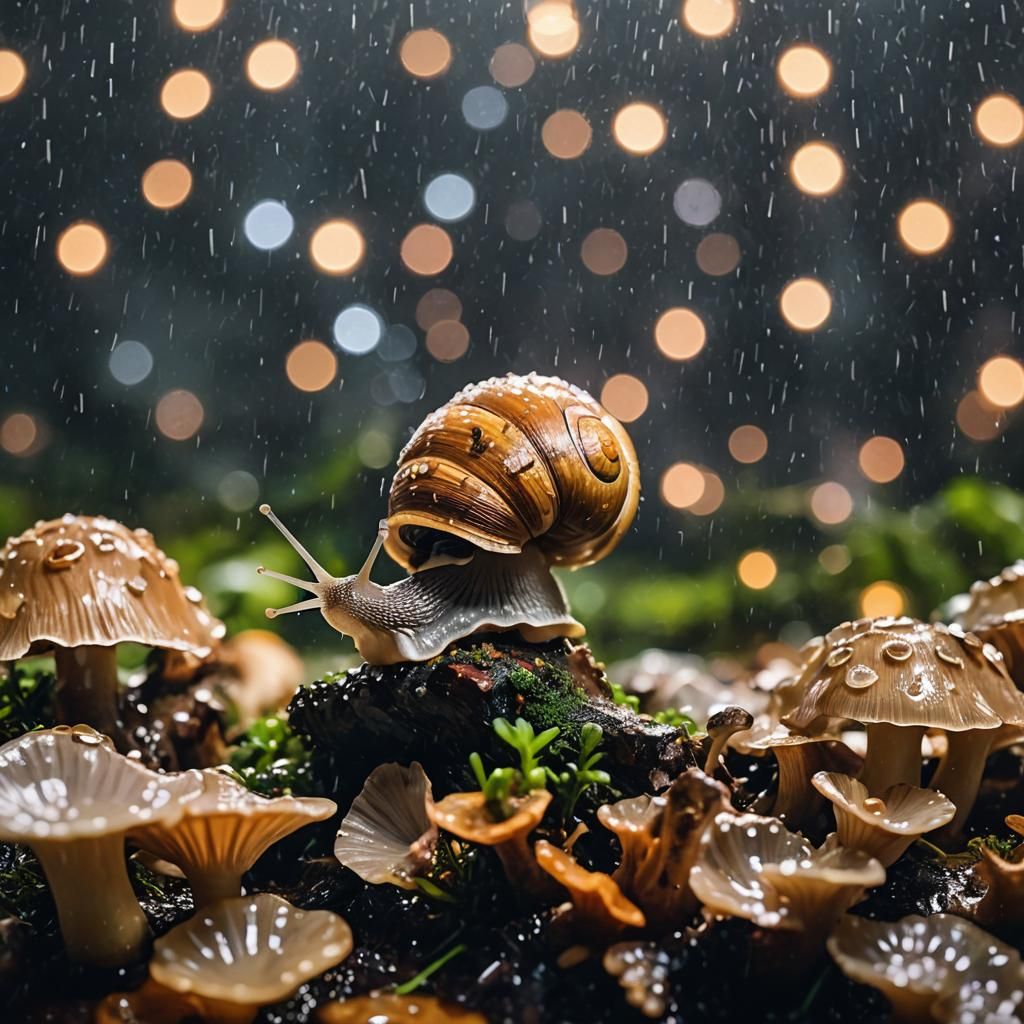 Snail and Oyster Mushroom at Night in Rain