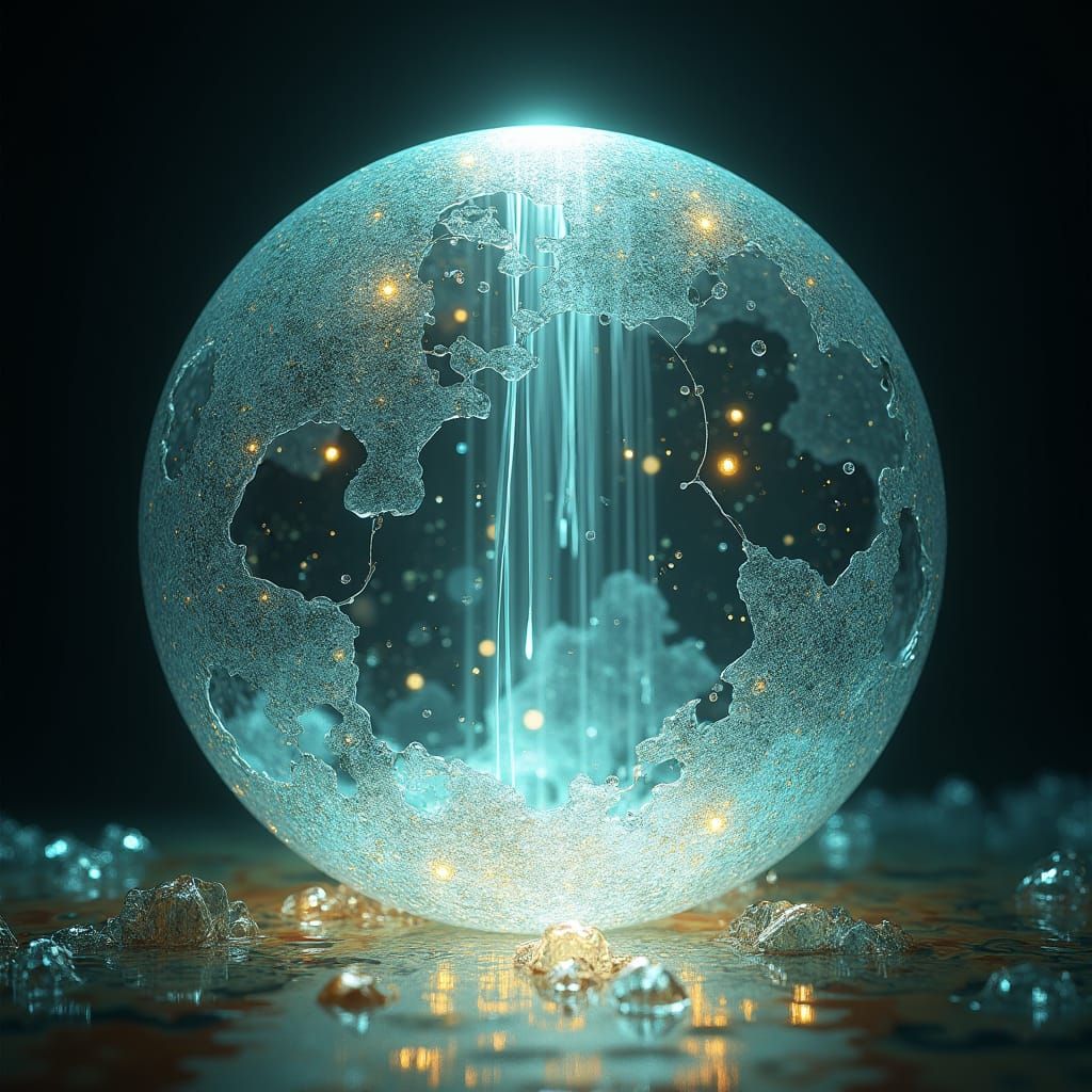 Glowing Water Globe Cascade in Dreamlike Light