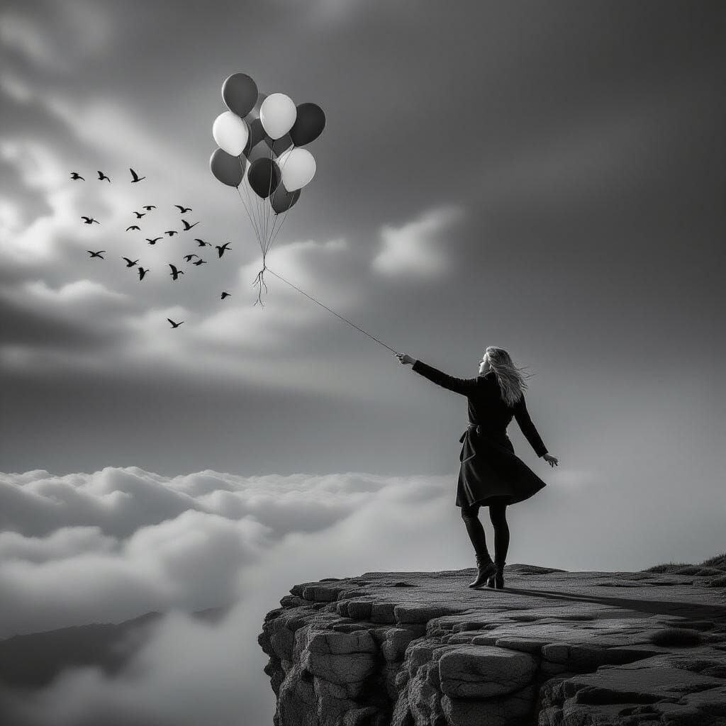 High-Contrast Portrait of Woman Reaching for Balloons