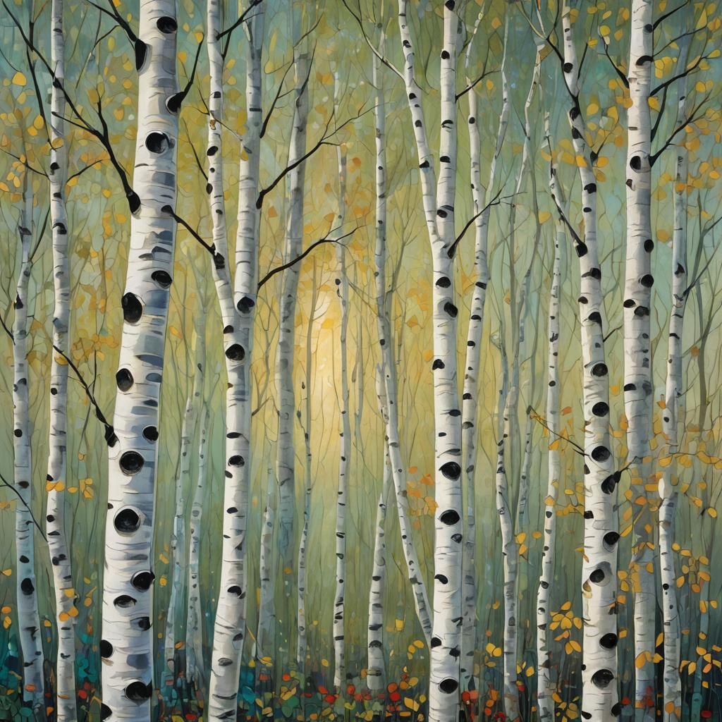 Sunlit Silver Birch Trees in Art Nouveau Style