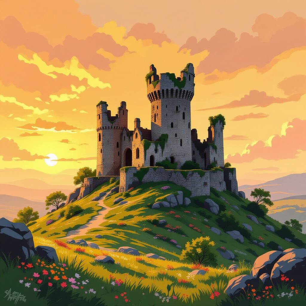 Ruined Castle at Sunrise: Charcoal and Watercolor