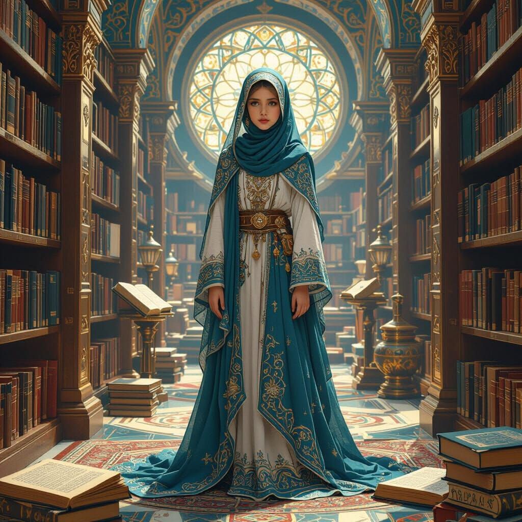 Muslim Girl in Grand Library: Art Nouveau Meets Future