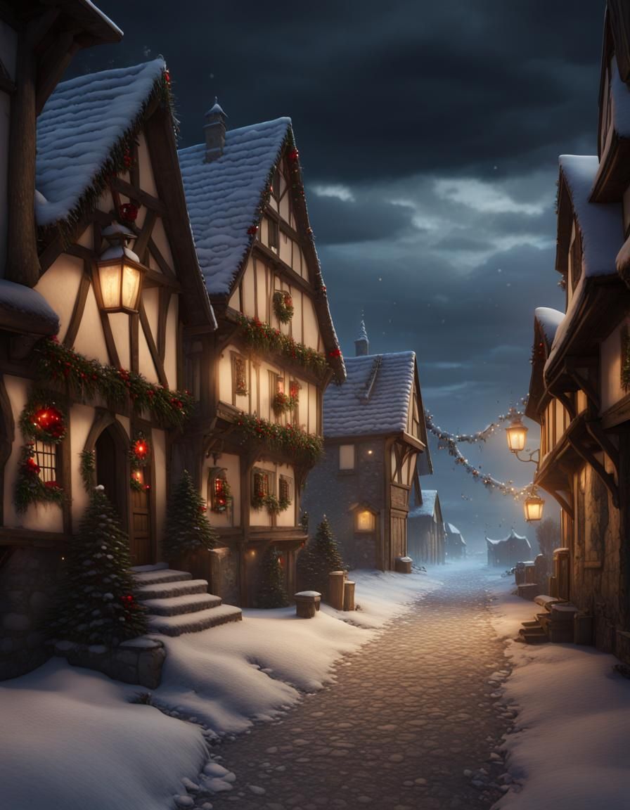 Christmas in a Snowy Medieval Village at Night