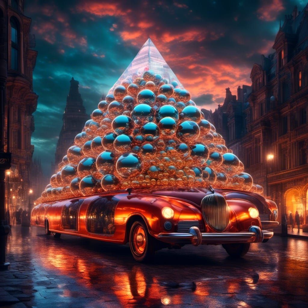Glass Sphere Pyramid Reflecting City Lights in Magic Realism