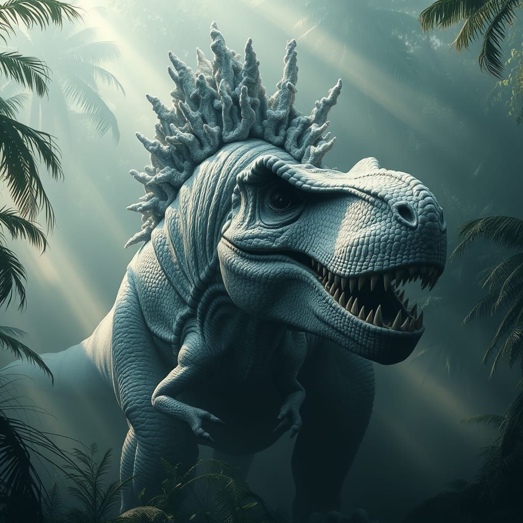 Colossal T-Rex Emerges from Misty Jungle