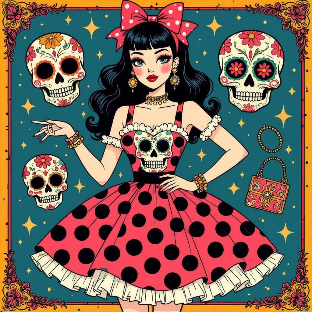 Retro Lady in Sugar Skull Dress, Pop Surrealism