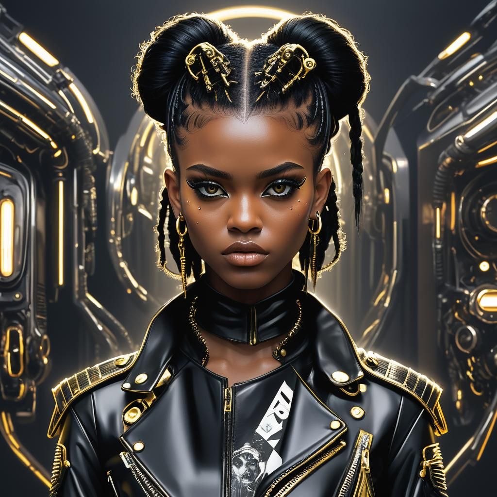 Ebony Teen with Rebellious Makeup in Neon Cityscape