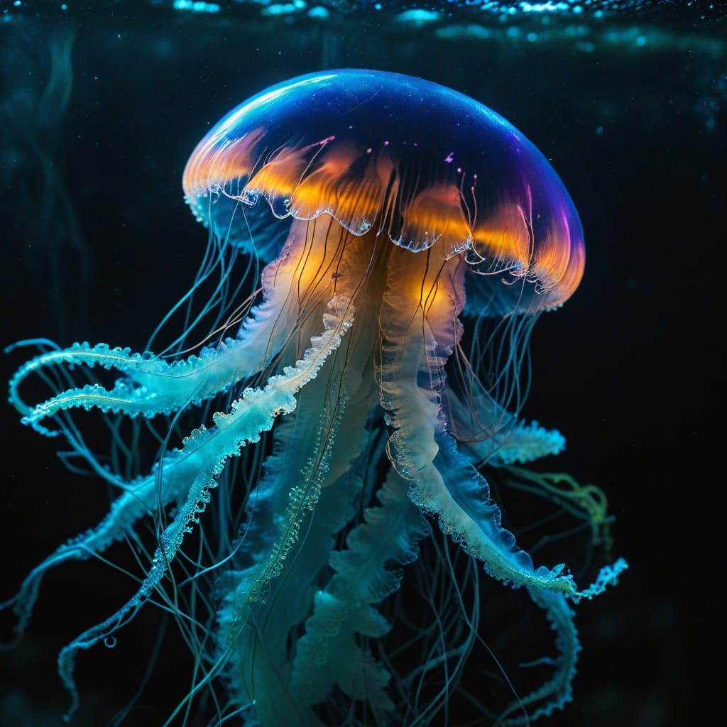 Bioluminescent Jellyfish in a Dark Ocean