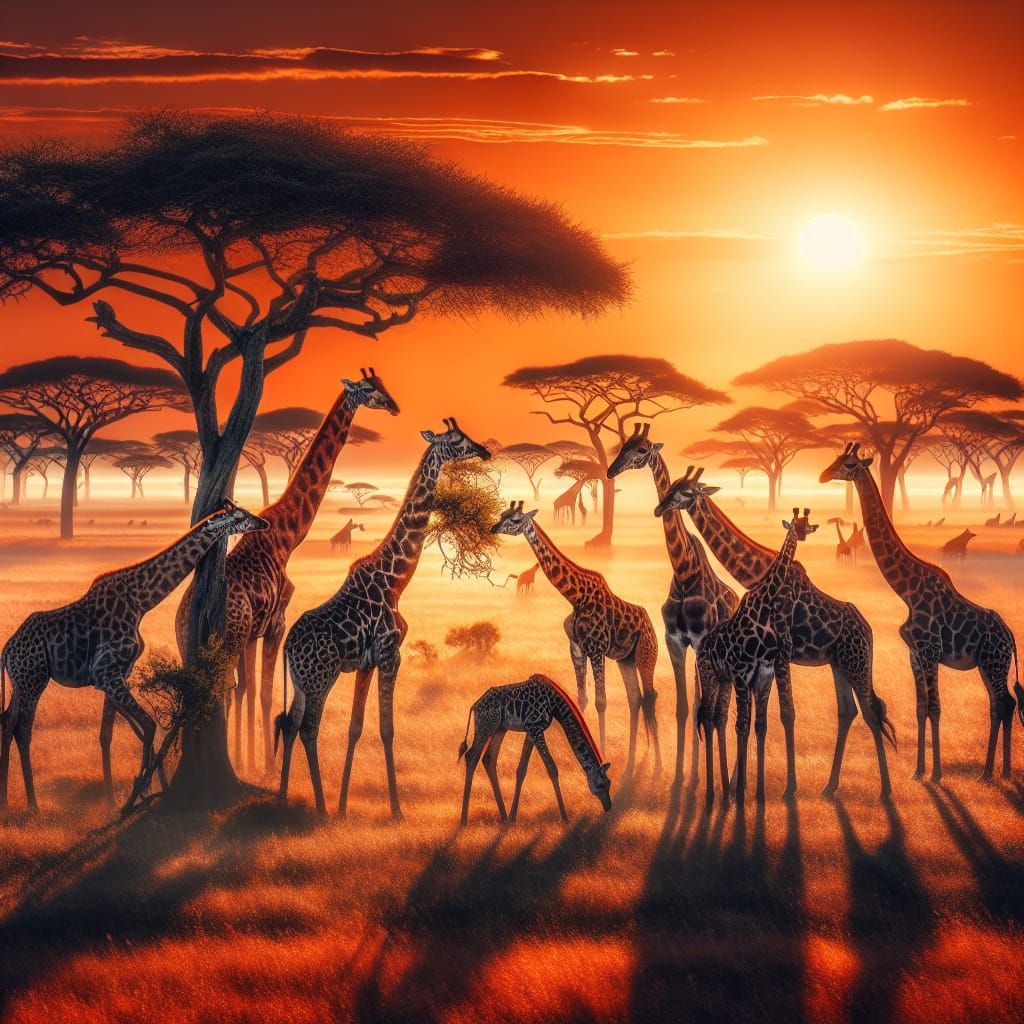 Giraffes Grazing at Sunset on the African Plains