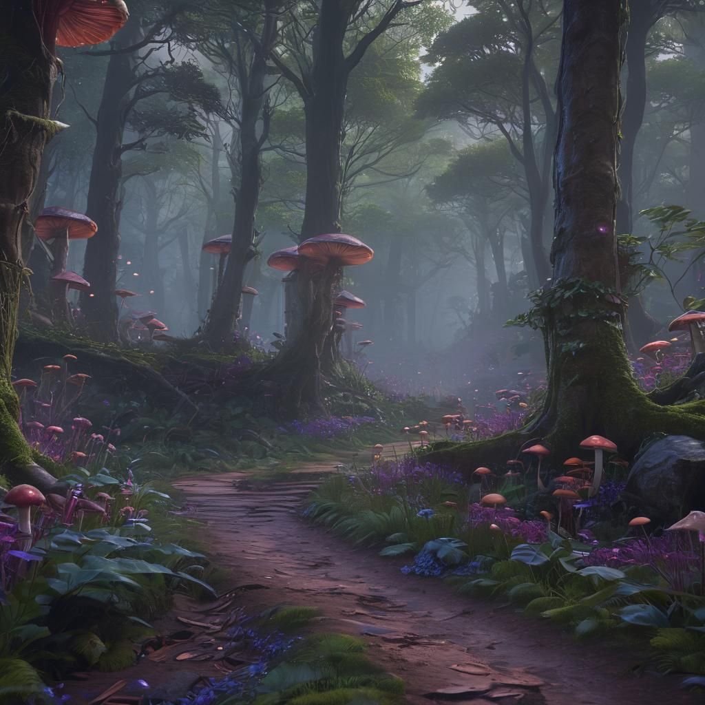 Misty Forest with Glowing Mushrooms in Fantasy Style
