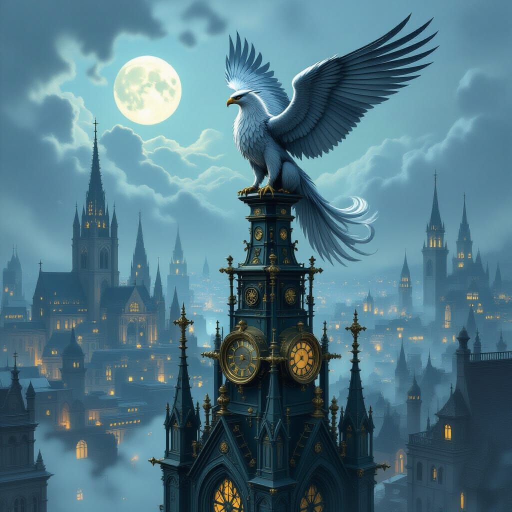 Griffin Over Steampunk City, Gothic Cathedral Spire