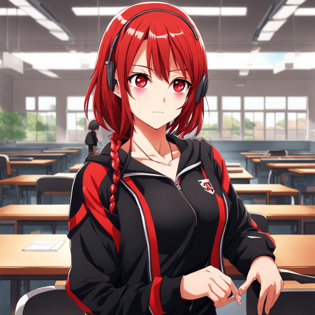 Anime Schoolgirl with Red and Black Hair