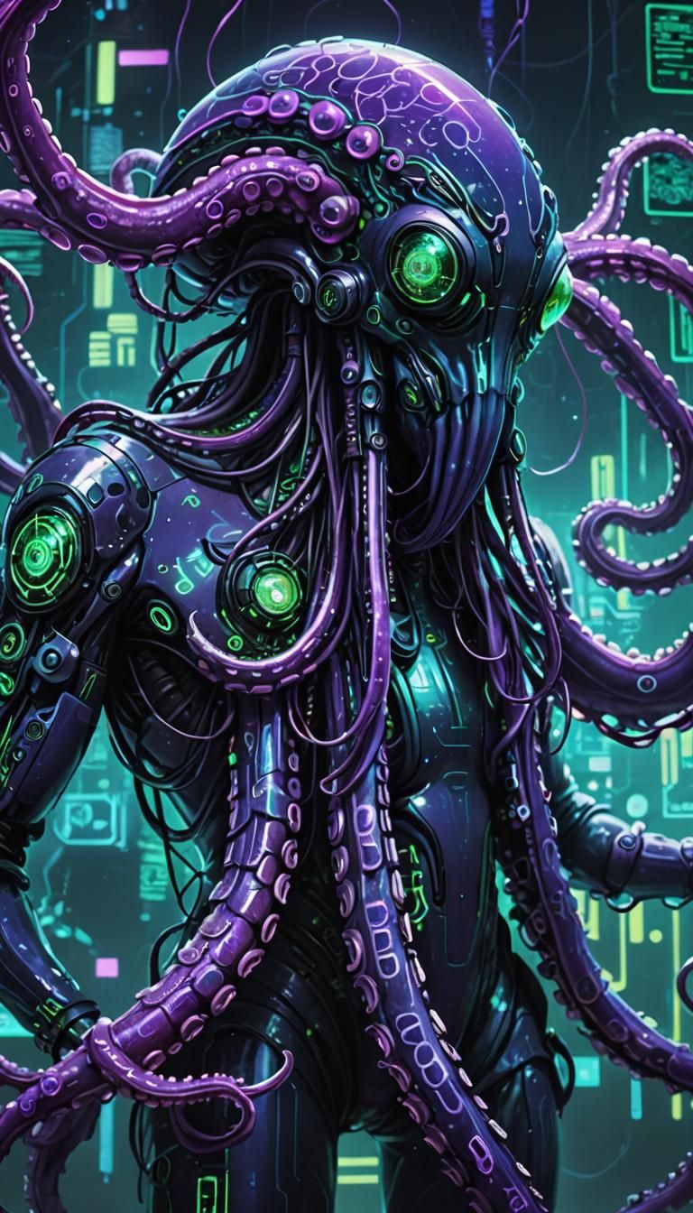 Cyberpunk Hacker Android DJ Underwater Concept Art