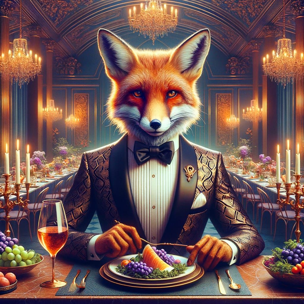 Elegant Anthropomorphic Fox at Dinner Party as Matte Paintin...
