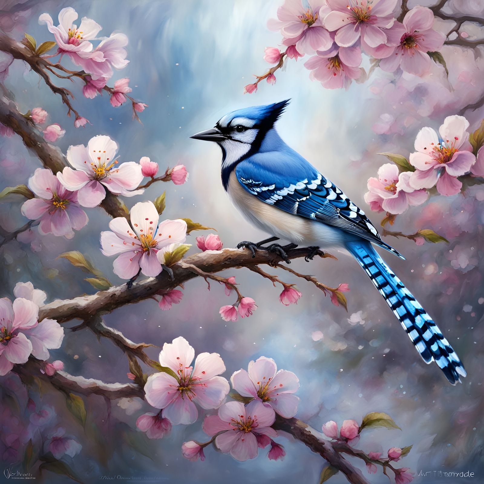 Blue Jay and Cherry Blossoms: Watercolor Painting