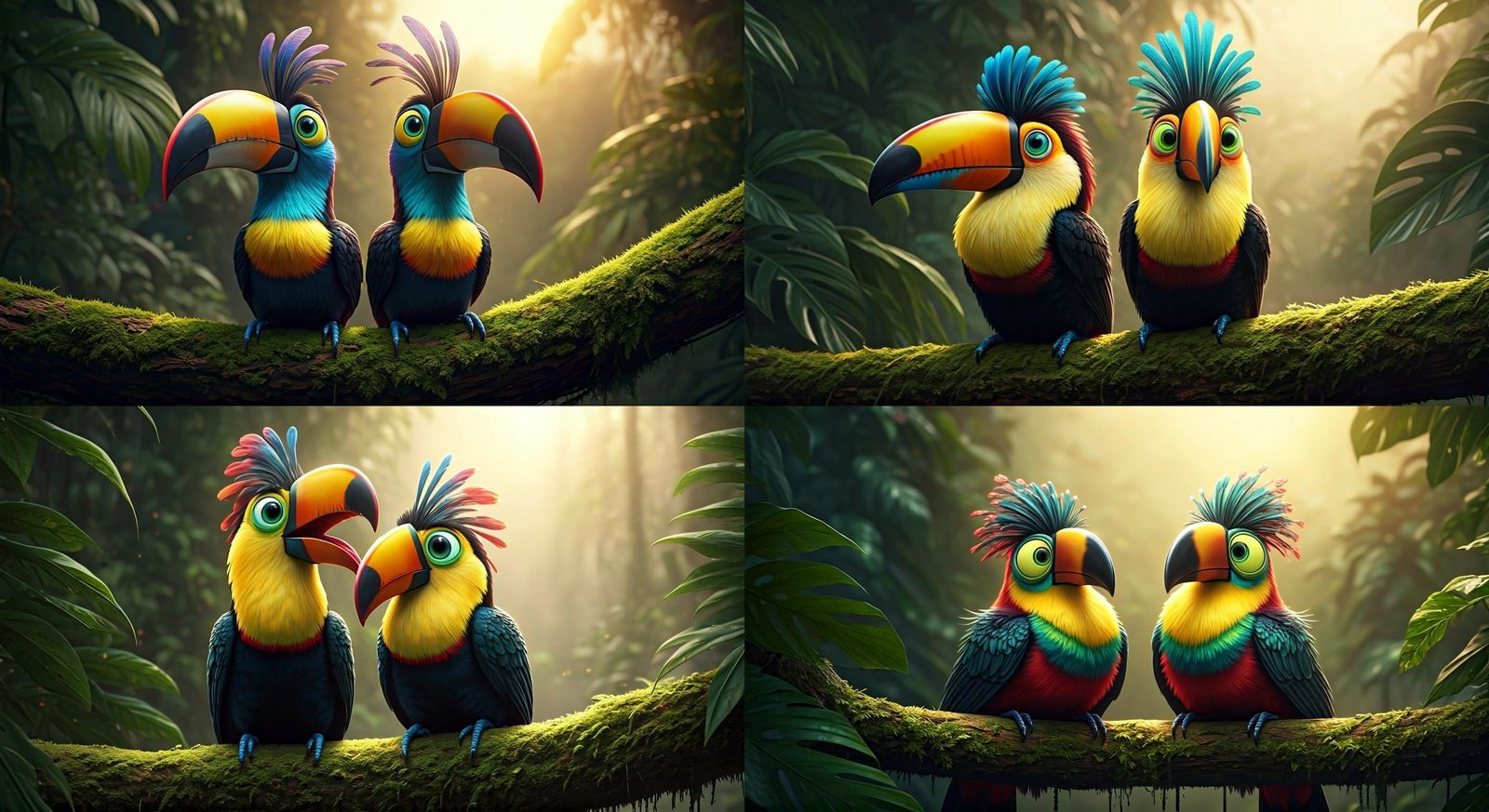 Spectacular Hyper-Realistic Toucans Perched on a Misty Jungl...