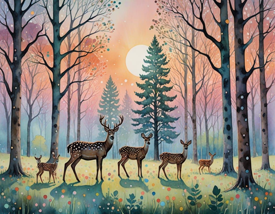 Surreal Polka Dot Forest with Deer in Watercolor Style