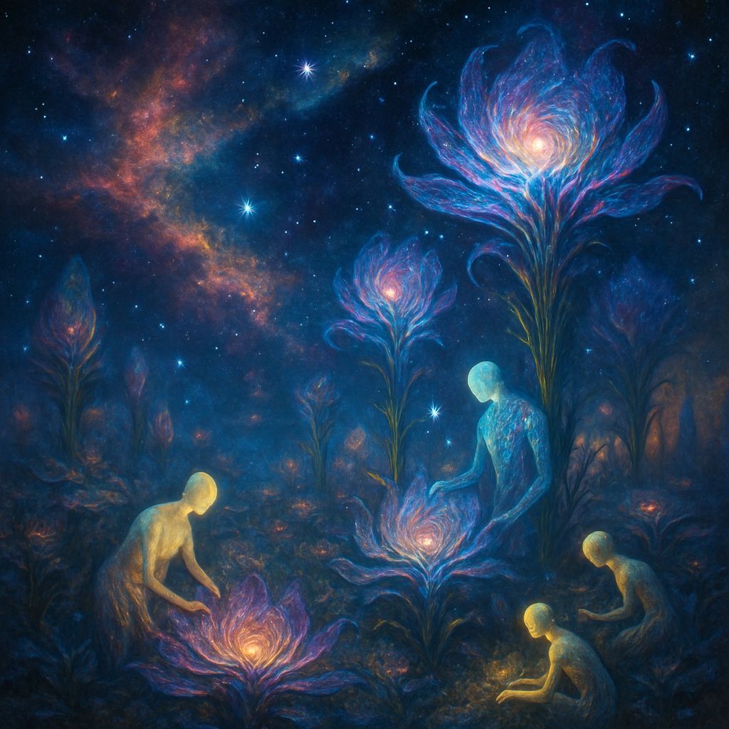 Ethereal Cosmic Garden with Radiant Beings
