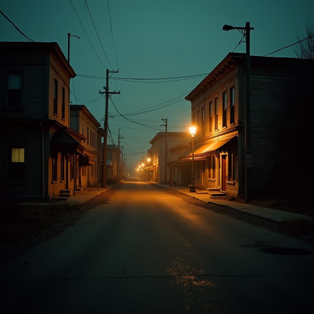 Desolate Small Town Street at Dusk: A Cinematic Still