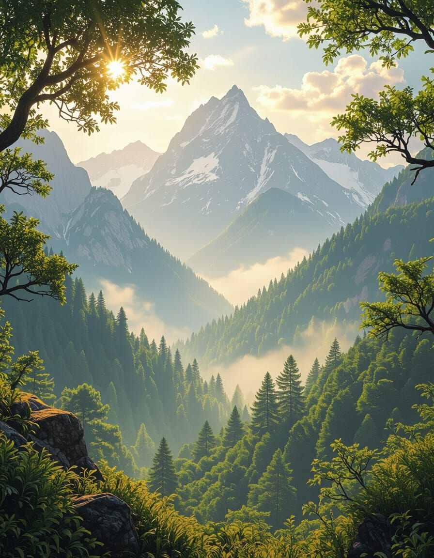 Misty Mountains and Forest Landscape in Hyperrealistic Style