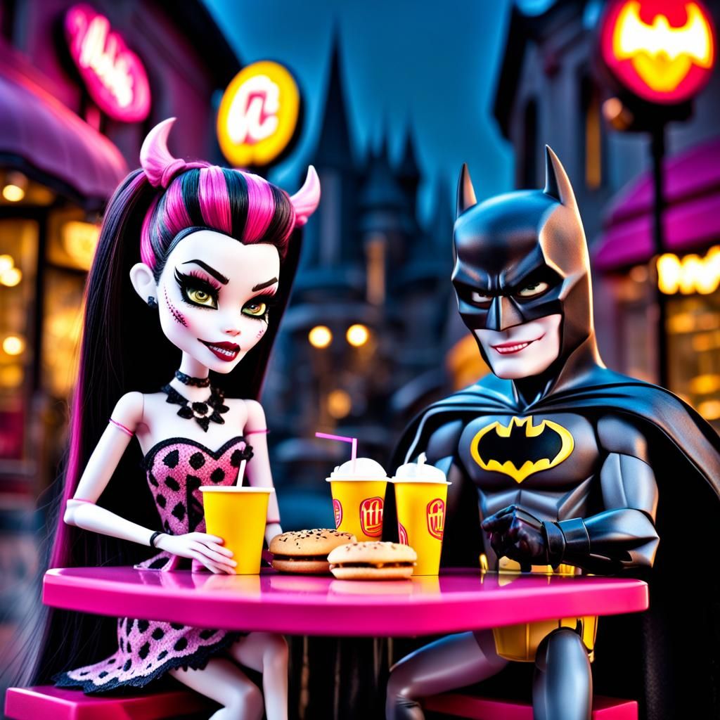 monster high draculaura and batman eating mcdonald’s together on a date