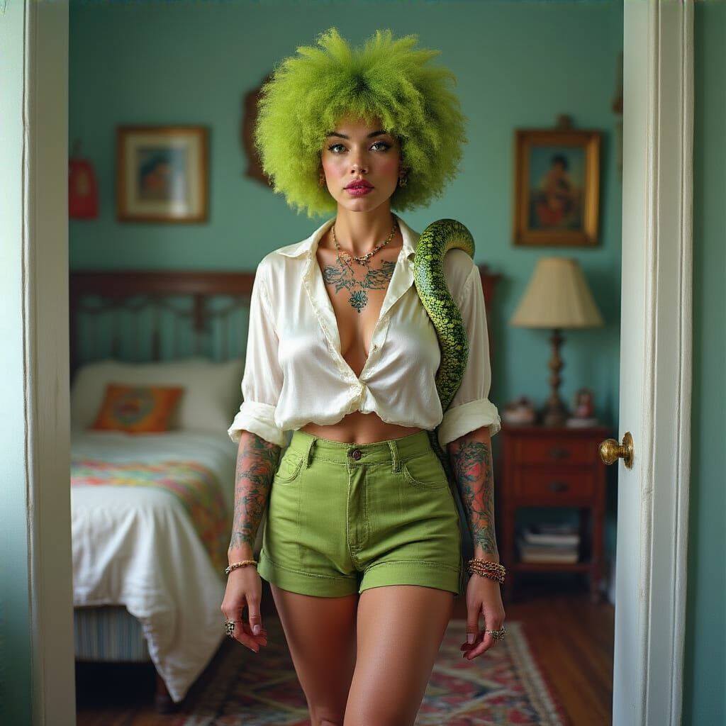 Olive Skinned Woman with Snake, Hyperrealistic Photo