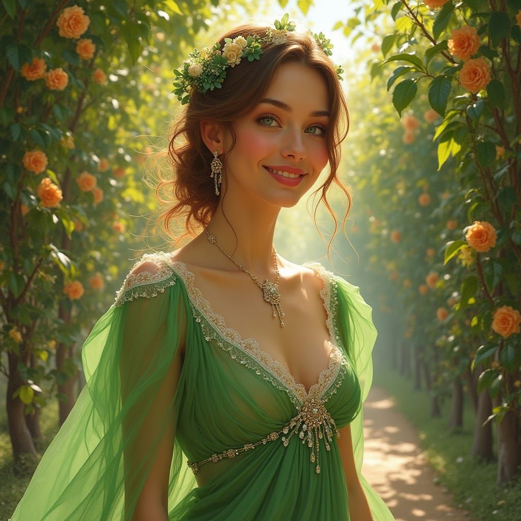 Elegant Woman in Gold and Green Gown Amidst Blooming Flowers