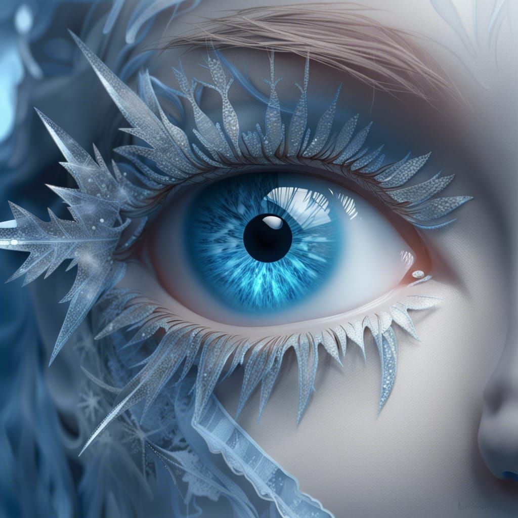 Icy Blue Eye with Snowflakes, Detailed Fantasy Art