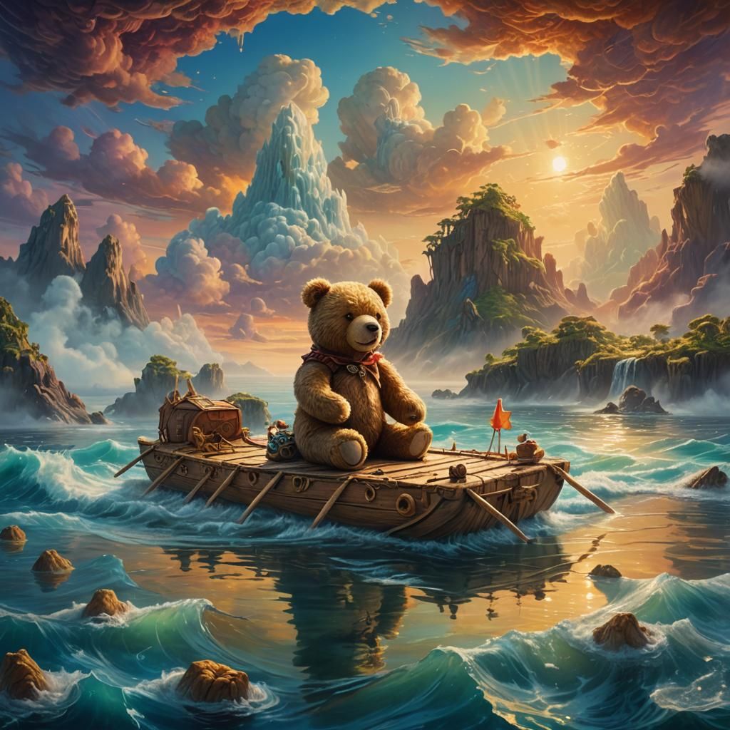 Teddy Bear Chilling: A Roger Dean-Inspired Oil Painting