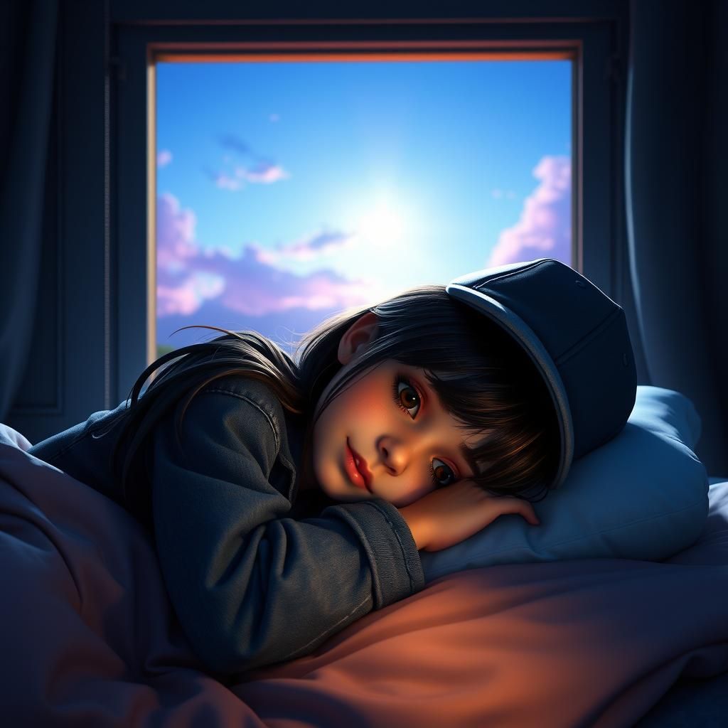 Girl Sleeps Peacefully Under Colorful Night Sky