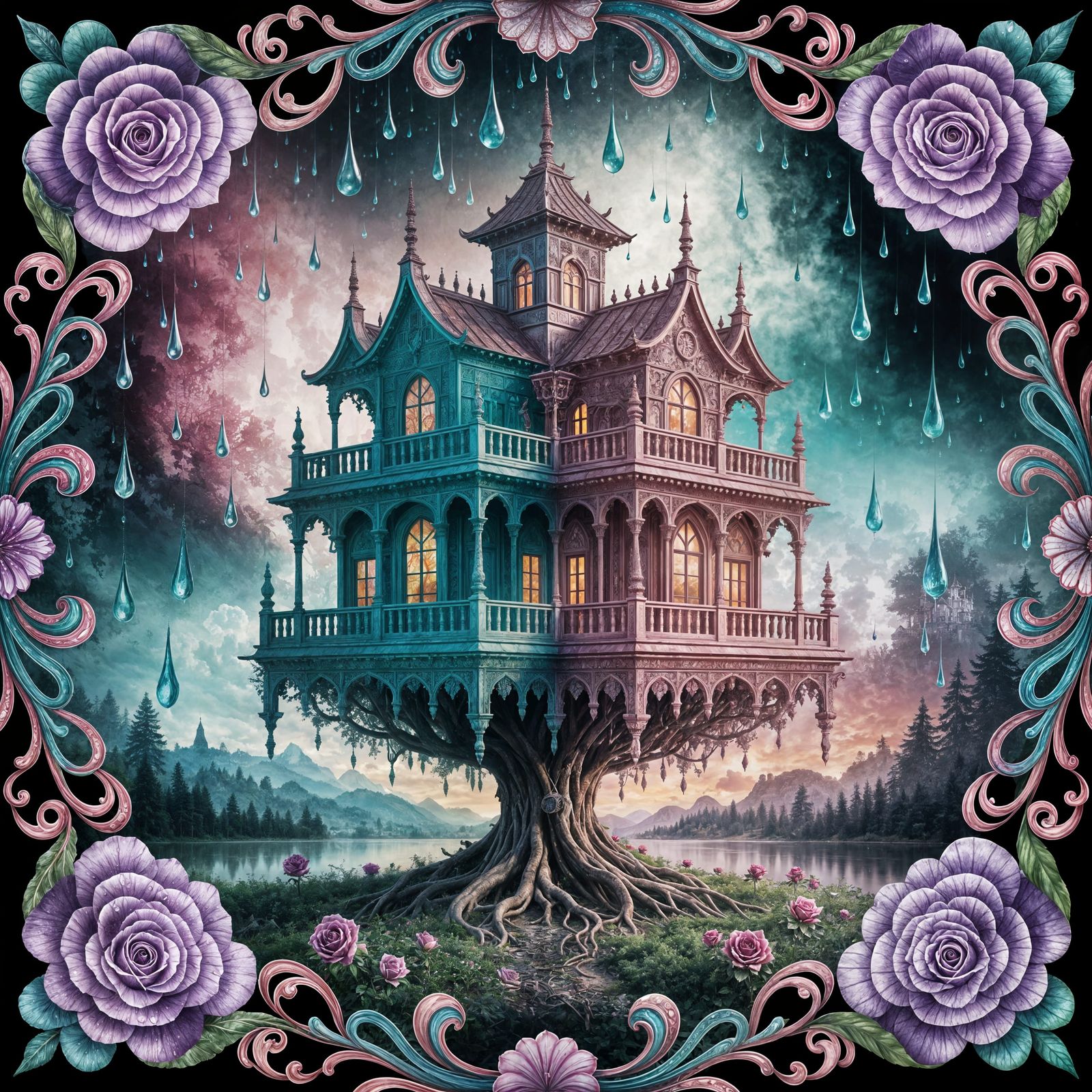 Mystical Treehouse: Double Exposure Watercolor Art