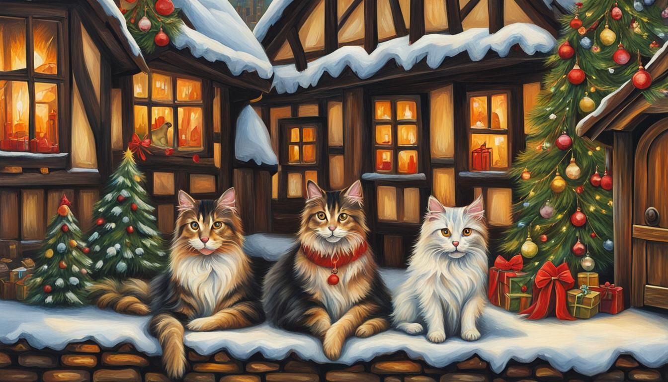 Christmas Dog and Cat in an Oil Painting