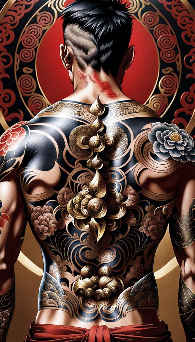 Japanese Warrior Portrait with Buddha Tattoo in Anime Style