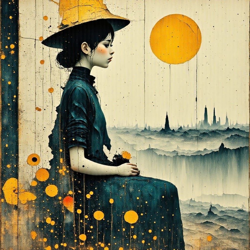 Melancholic Girl with Roses Under Orange Moon