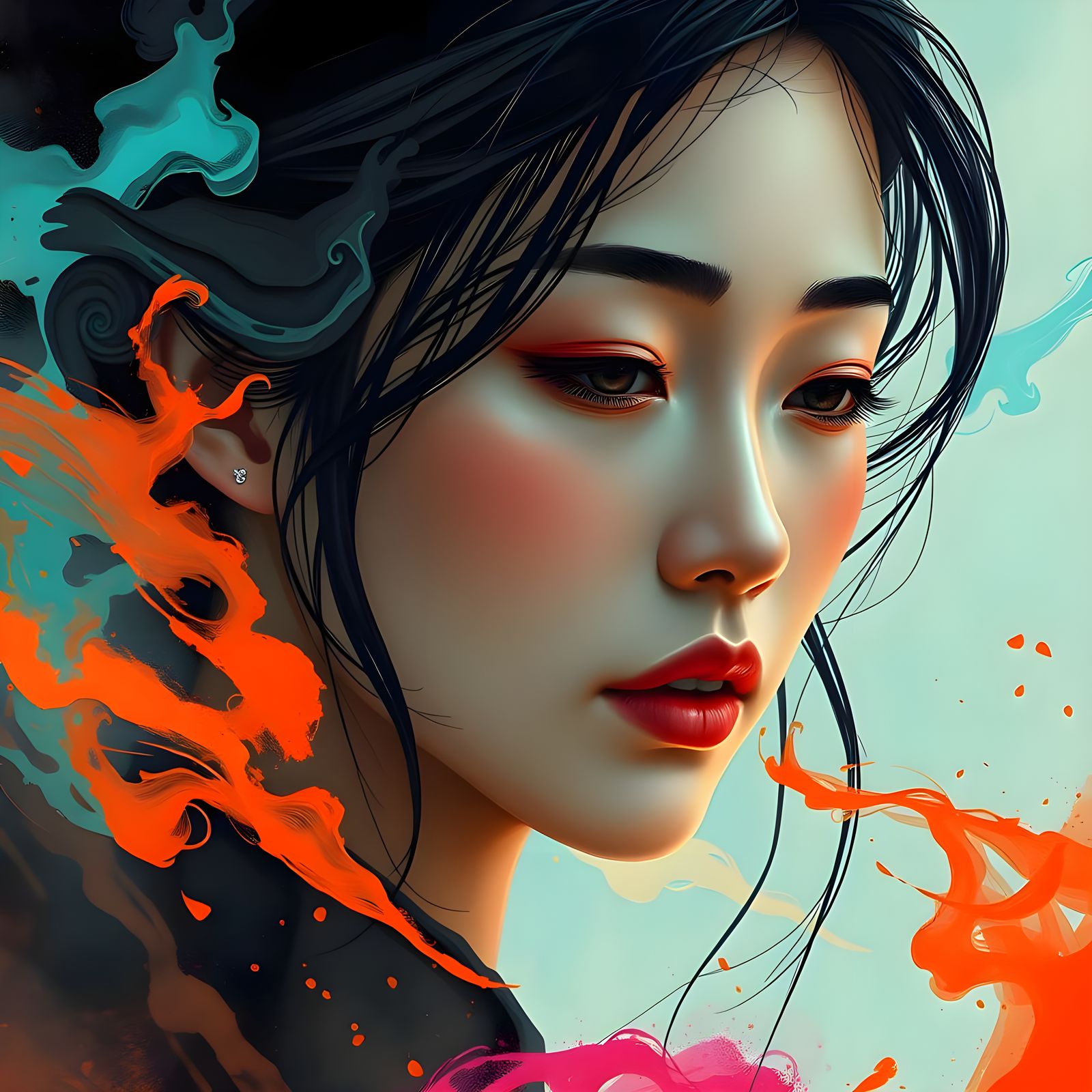 Asian Woman's Contemplative Portrait in Wabi-Sabi Style