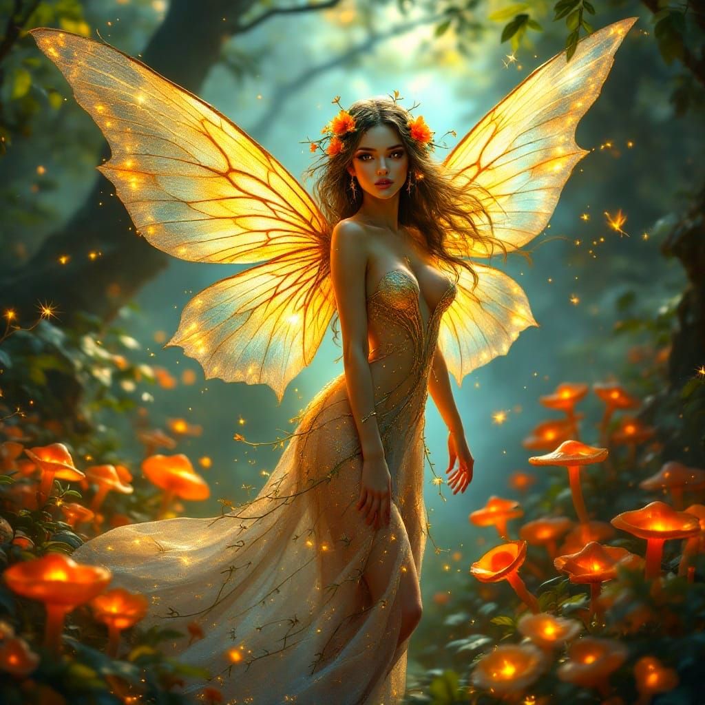 Mystical Fairy in Lush Forest Radiates Ethereal Glow