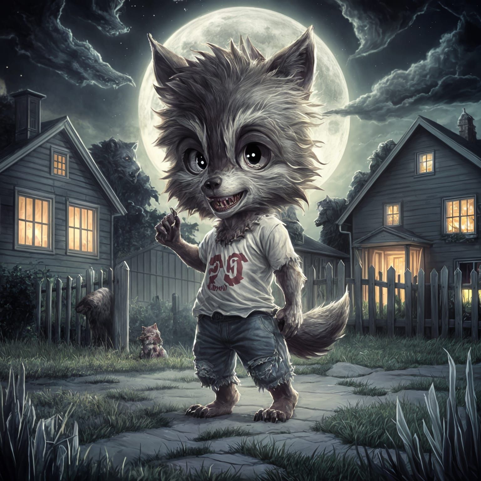 Chibi Kawaii Werewolf Portrait on a Moonlit Night