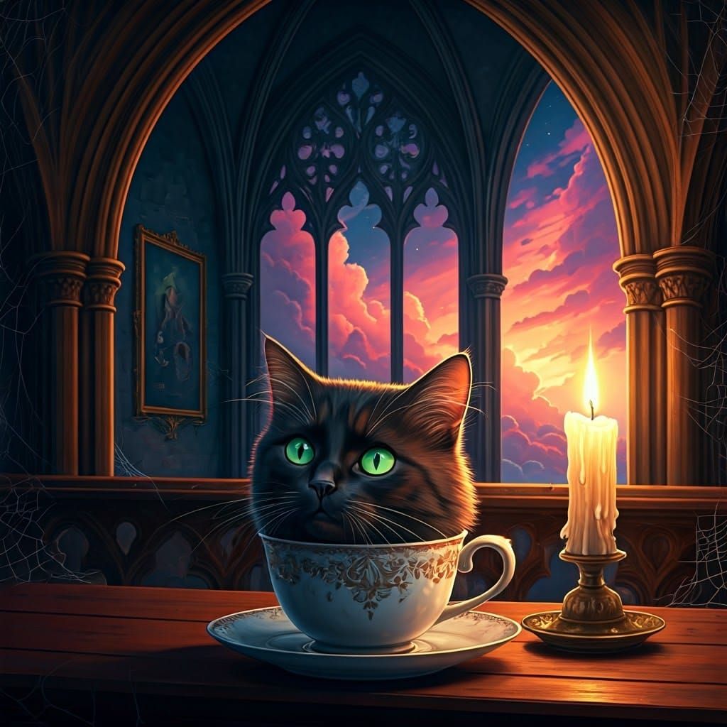 Black Cat in Teacup in Castle Room