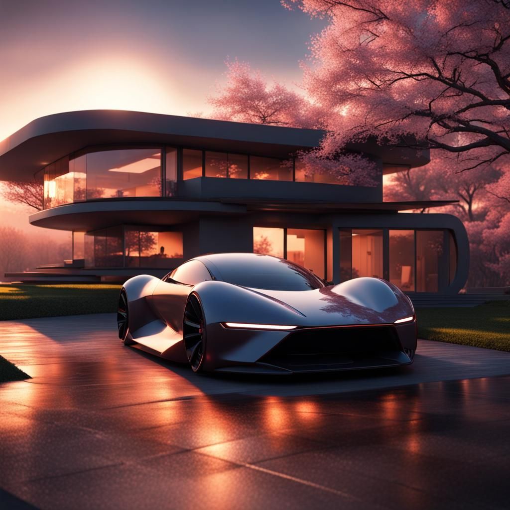 Futuristic Car at Sunrise in Dark Fantasy Style