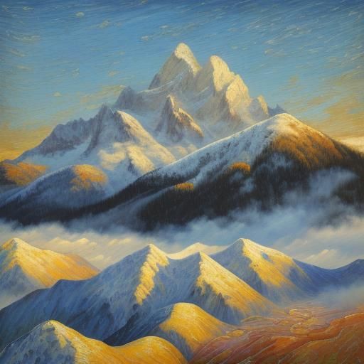Snowy Mountain Peaks at Sunrise as Impasto Oil Painting