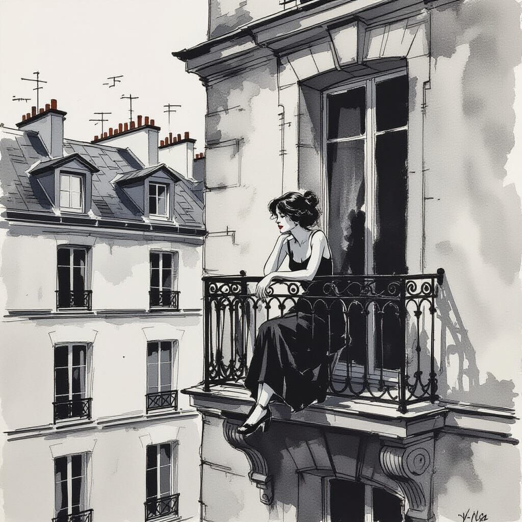 Egon Schiele Style Parisian Building with Woman on Balcony