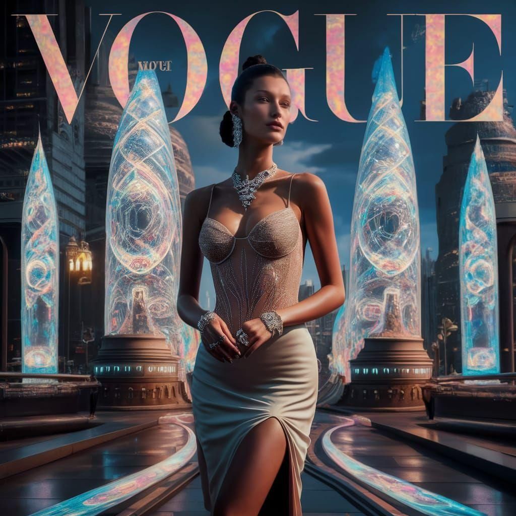 Futuristic Vogue Cover with Model in Cyberpunk Cityscape