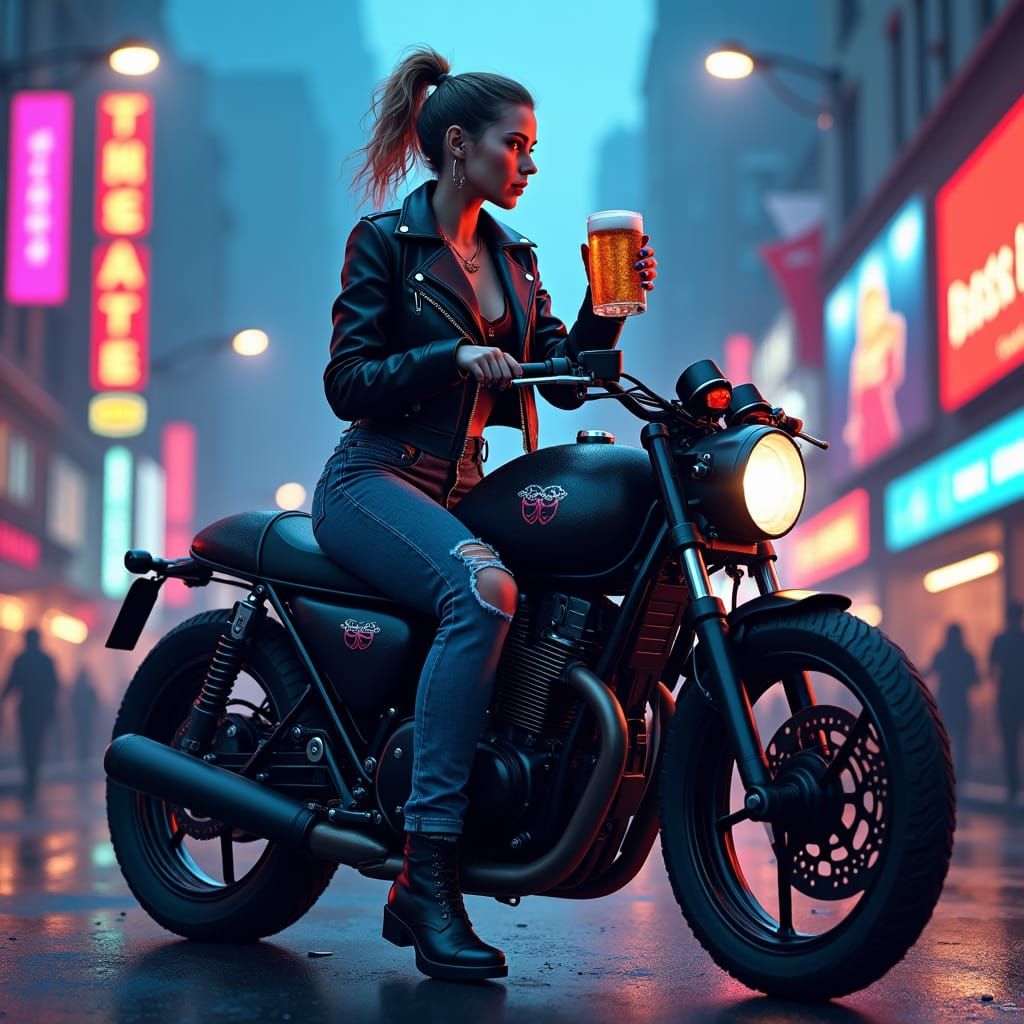 Woman With Motorcycle and Beer: Detailed Matte Painting