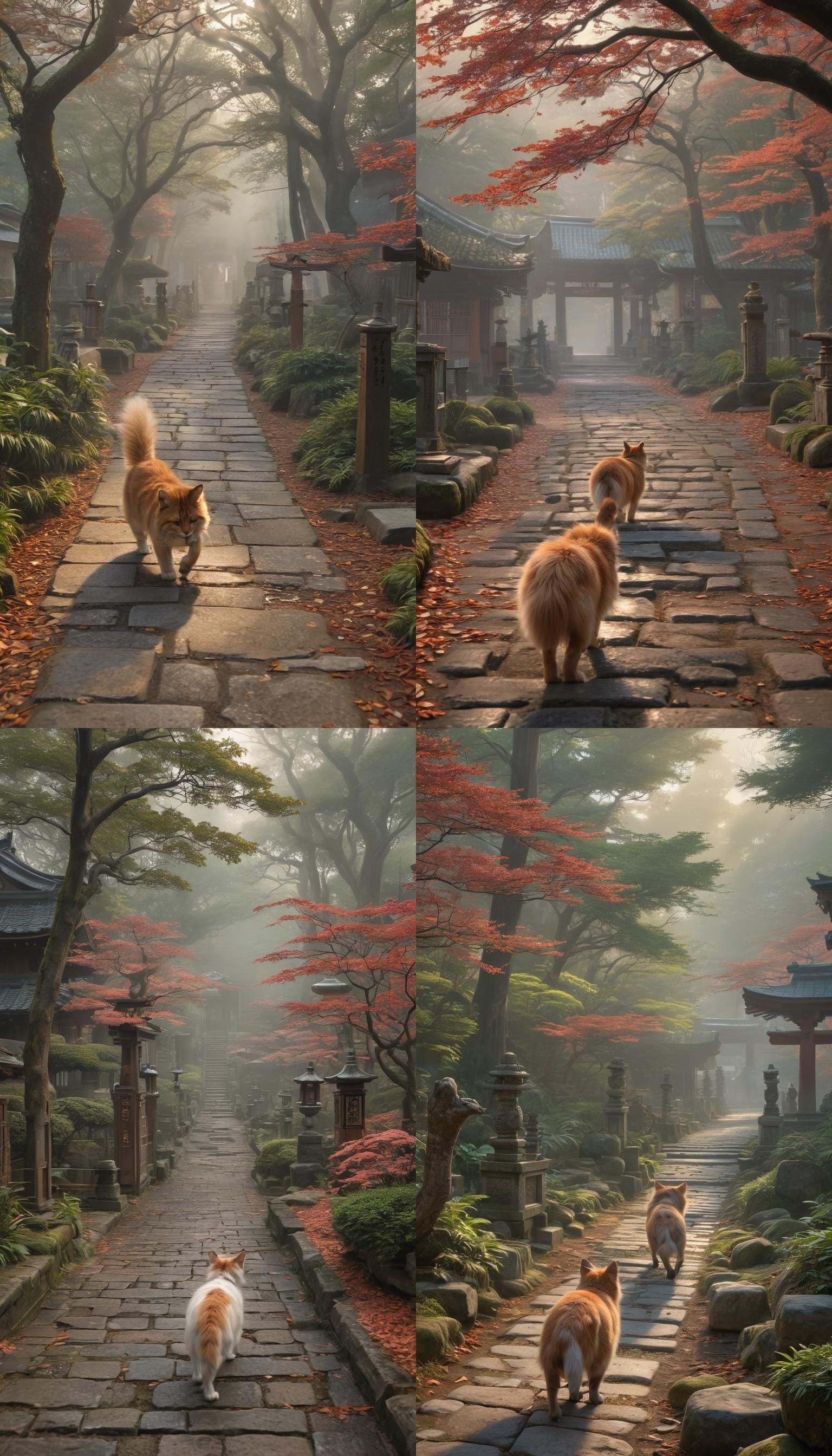 Cat at Japanese Shrine in Kinkade Style