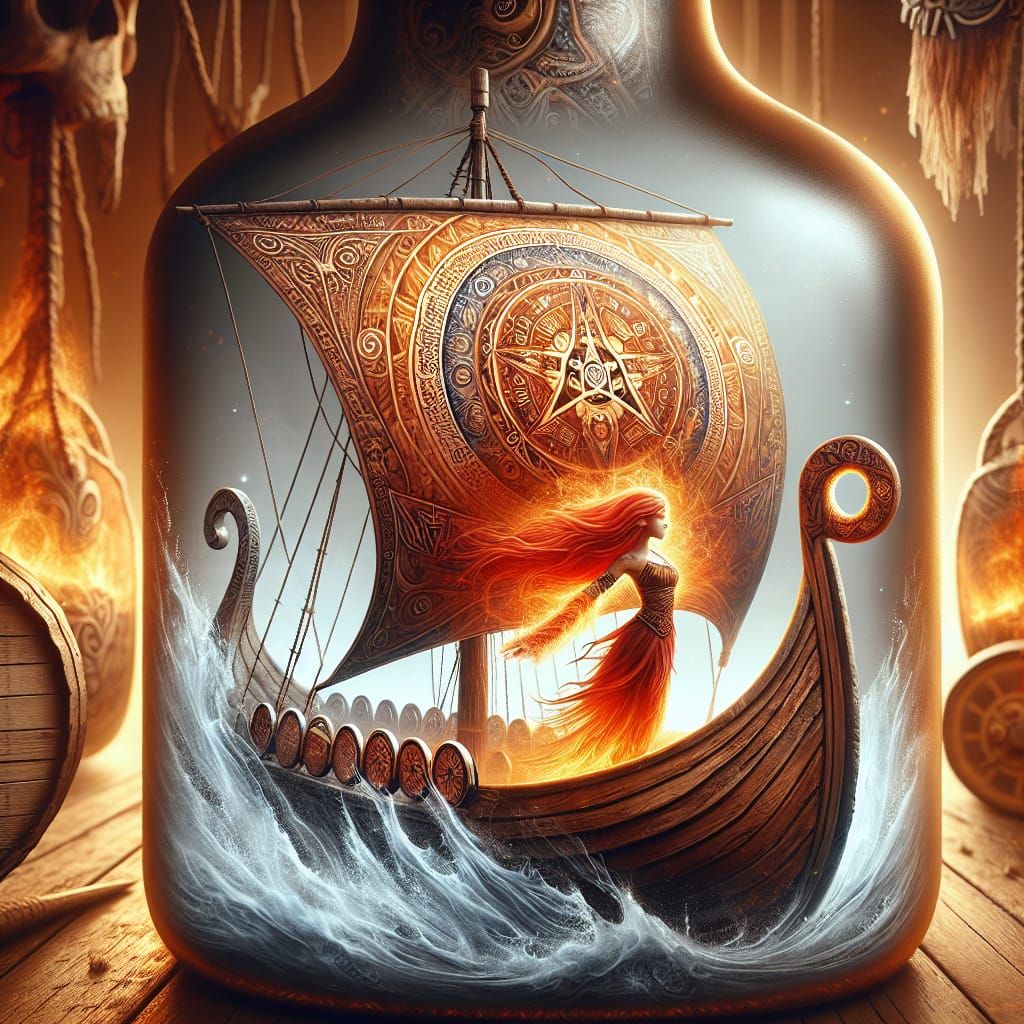 Viking Ship in a Bottle with Tattooed Sail