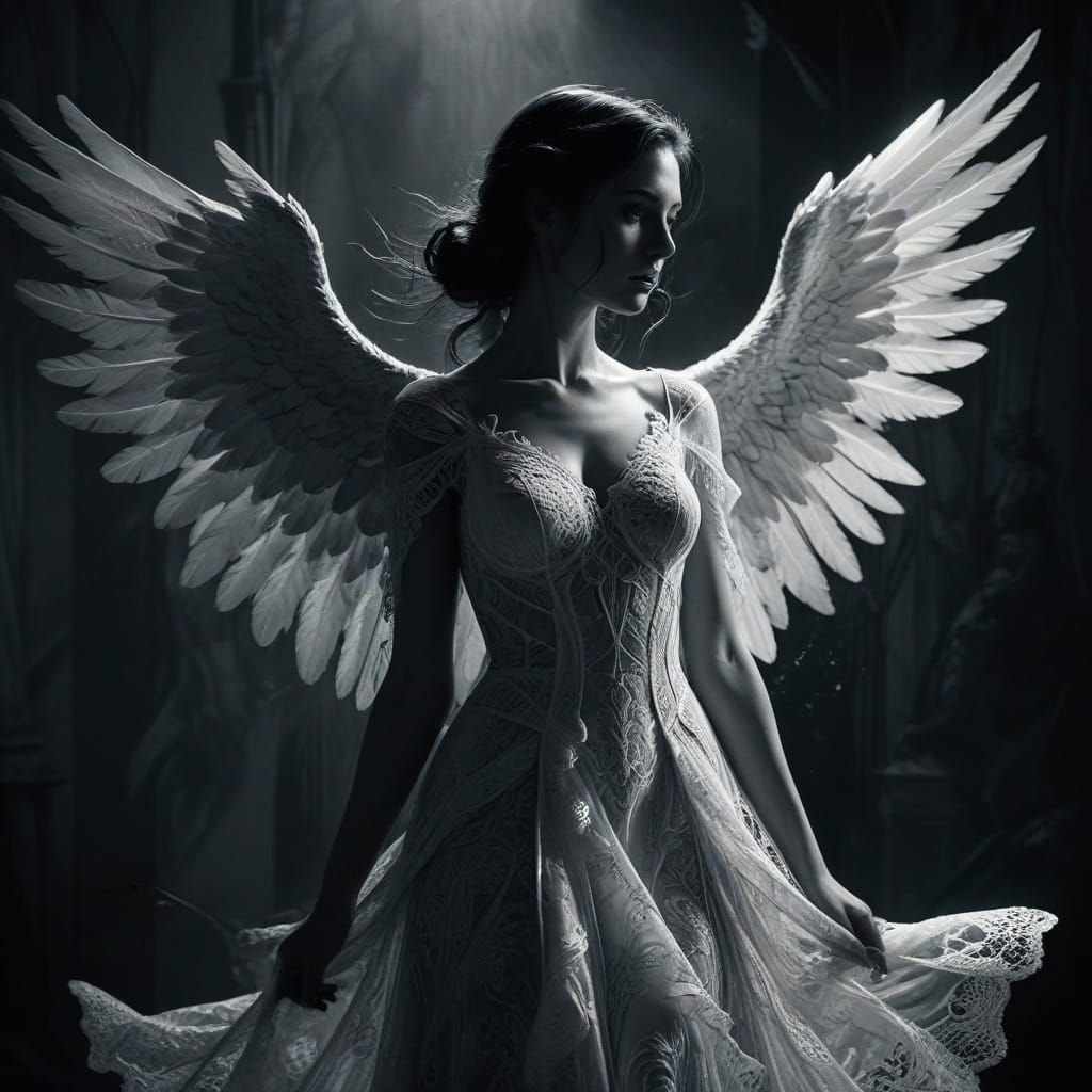 Angel, wearing a dress, 4k, High resolution, High quality, Art by Stanley Artgerm Lau, Art by Joe Madureira, Art by Blus...