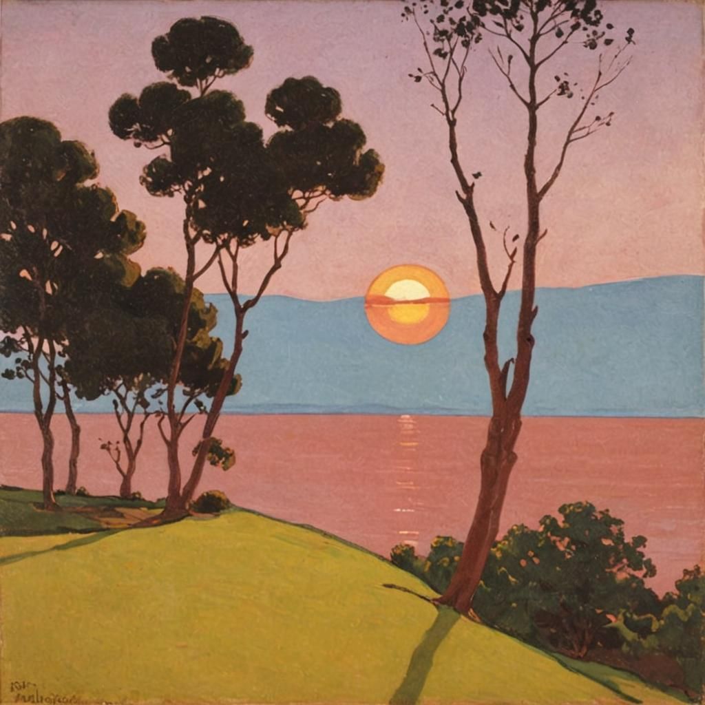 Sunset Landscape Painting in Post-Impressionist Style